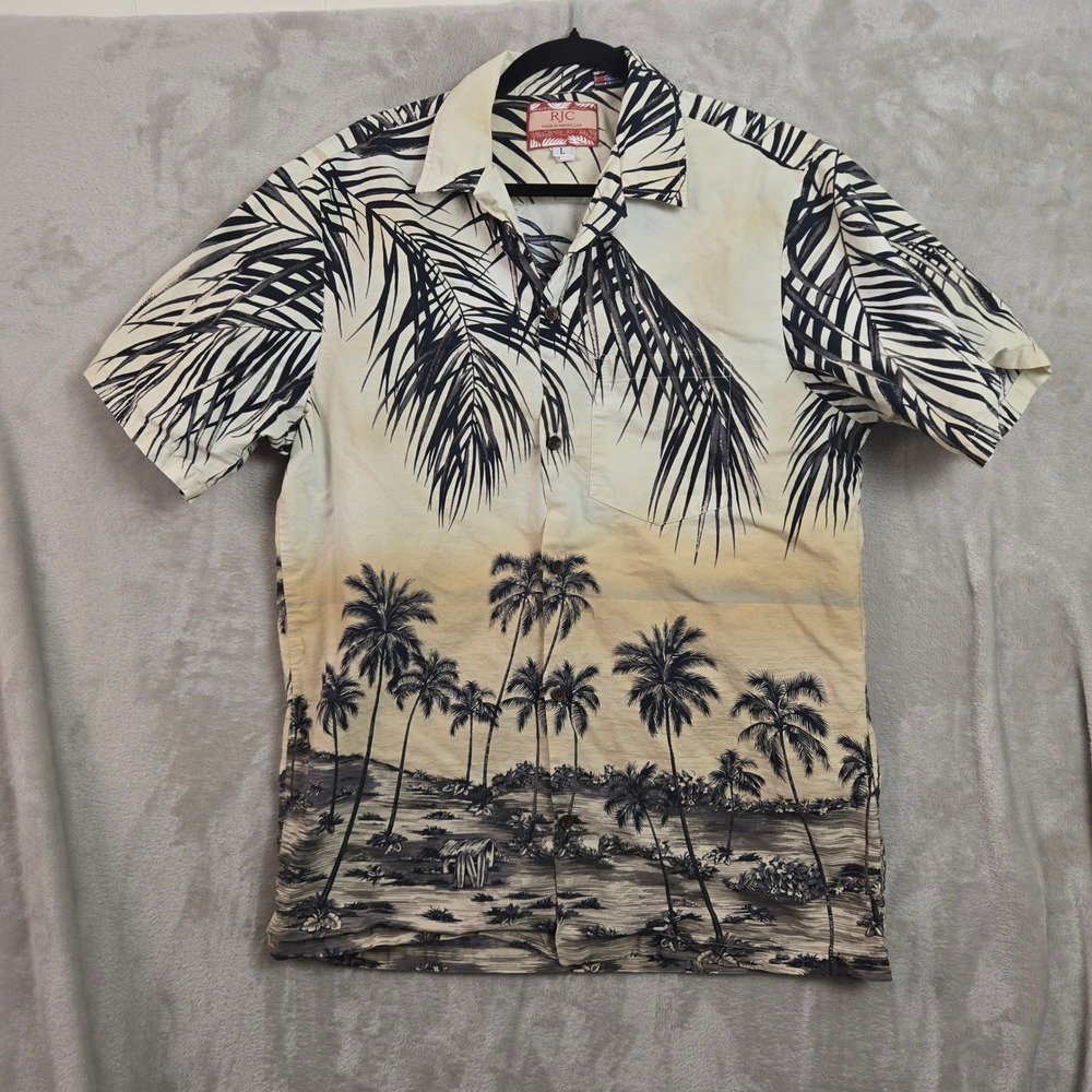 RJC Mens Hawaiian Shirt Large Palm Tree Beach Print Made in Hawaii Button Down